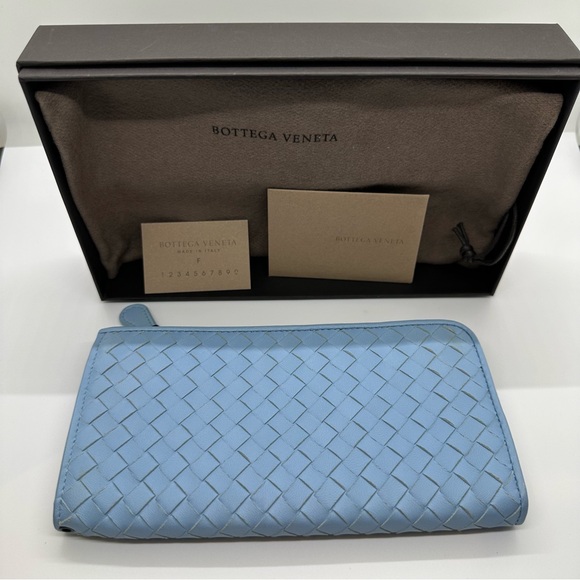 Bottega Veneta Handbags - Bottega Veneta | Blue Nappa Intrecciato Half Zip Around Weave Leather Wallet